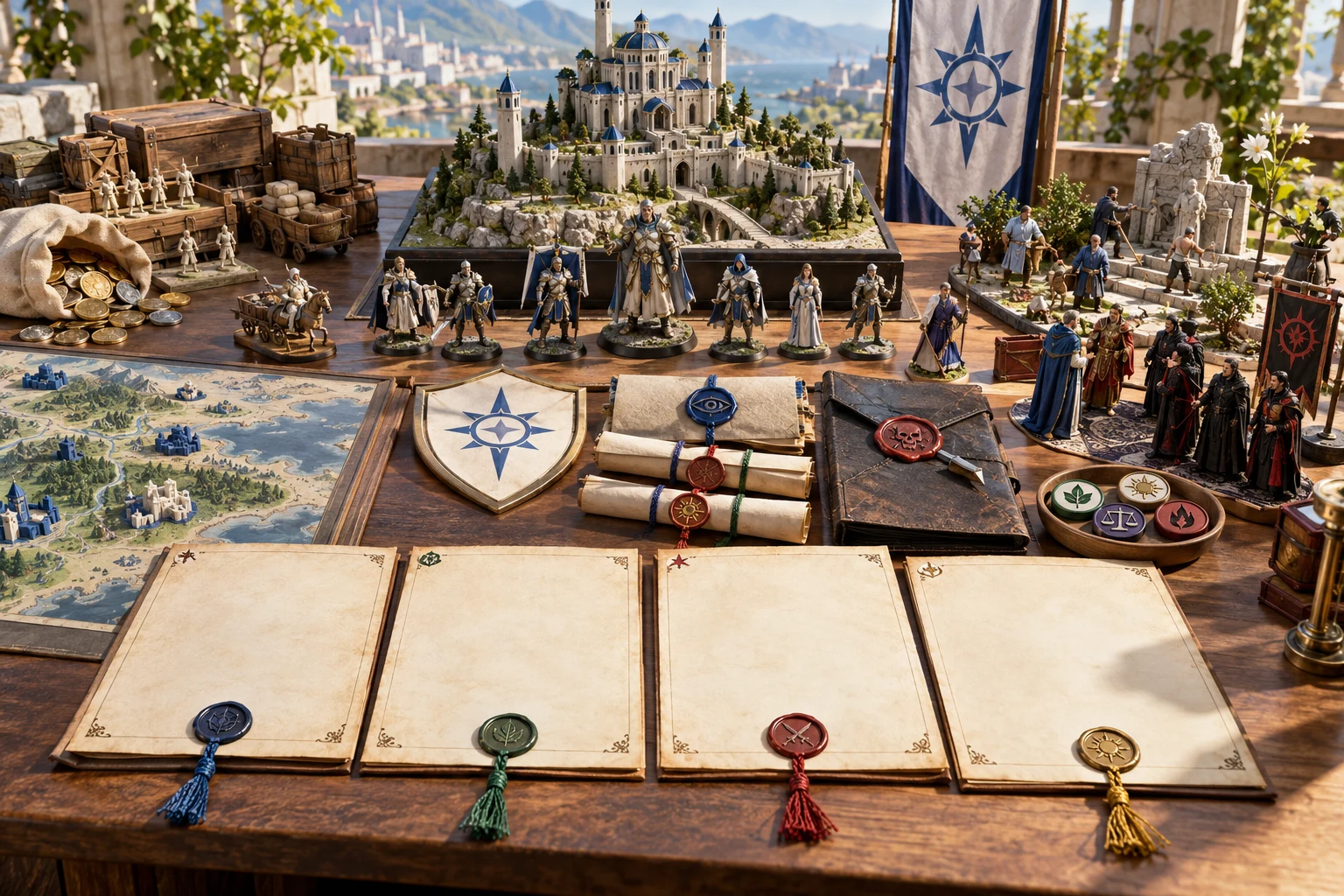 Tabletop illustration of an organisation with member miniatures, territory, symbols and dossier papers