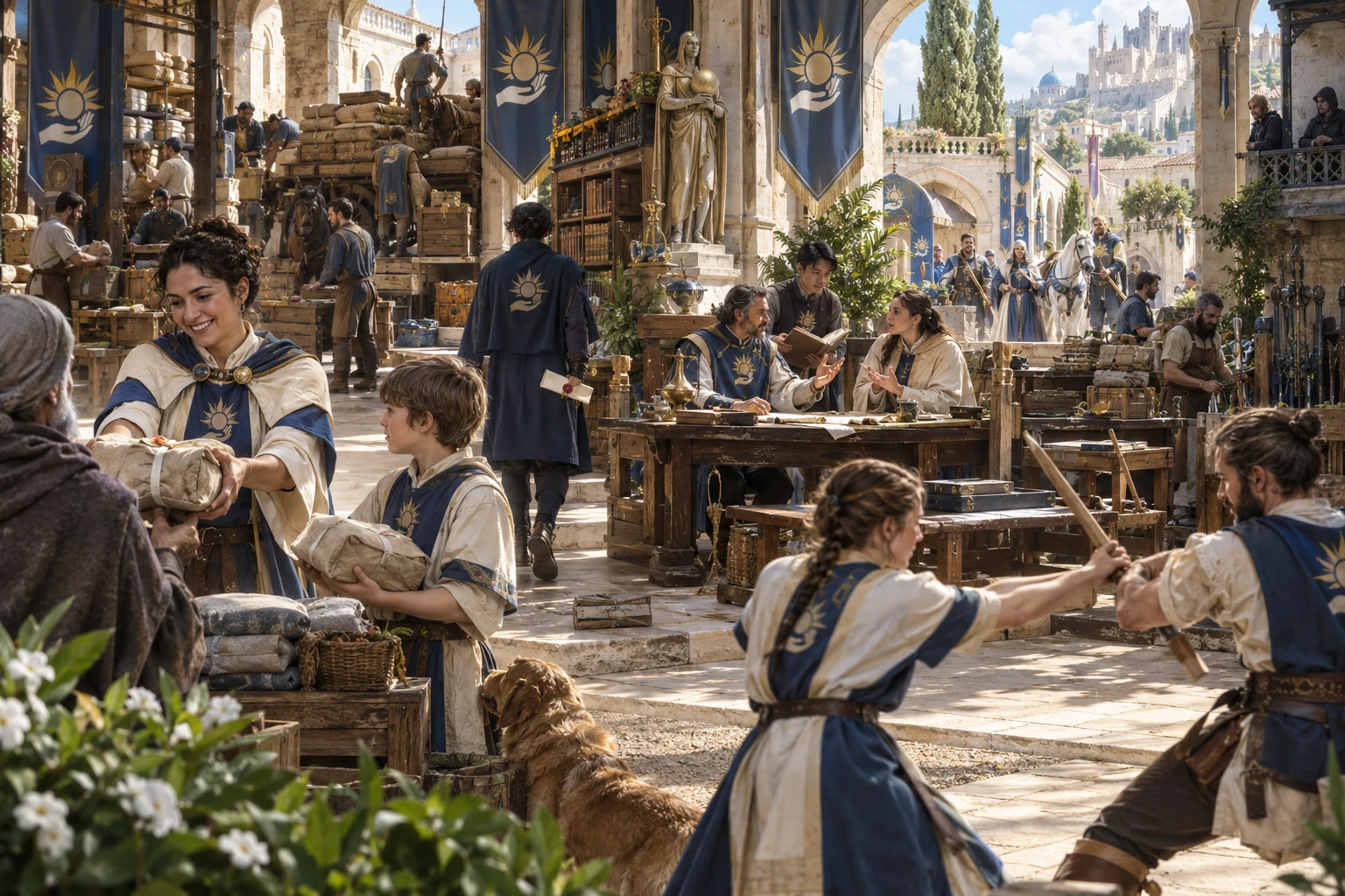 Fantasy illustration of guild members coordinating supplies and services in a busy courtyard